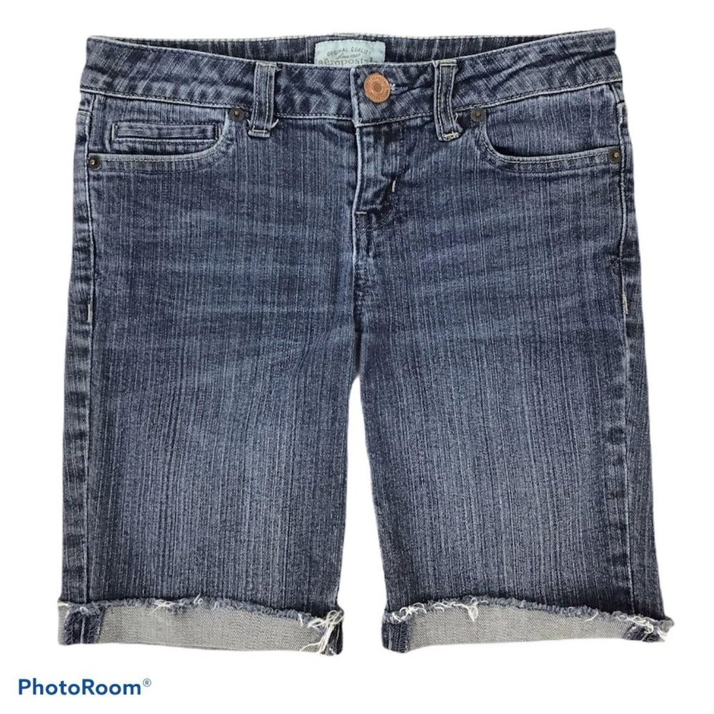 Aeropostale Juniors 0 Denim Jean Shorts Bermuda Knee Length Rolled Cuff Stretch